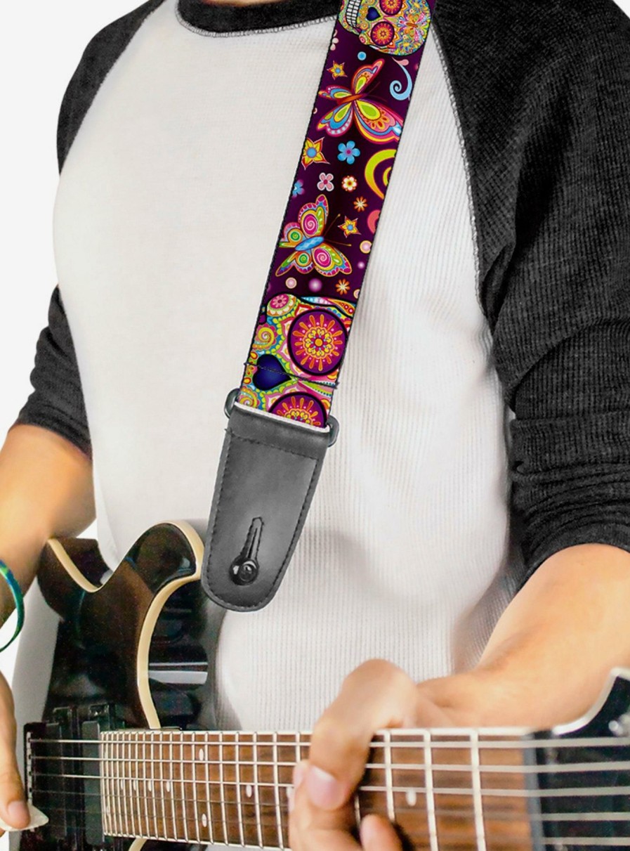 Music * | Mariposa Calaveras Butterflies Flowers Burgundy Multi Color Guitar Strap Less Expensive