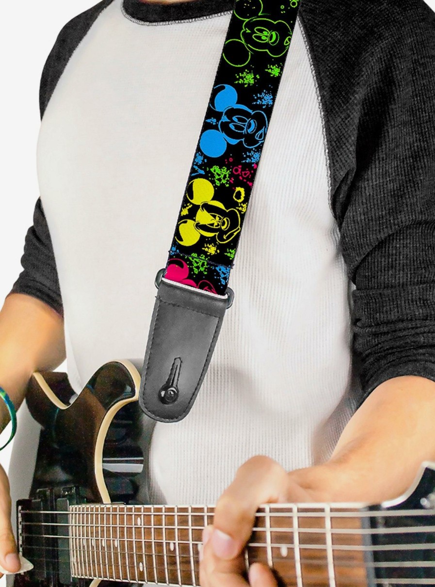 Music * | Disney Mickey Mouse Expressions Paint Splatter Neon Guitar Strap Sale Online