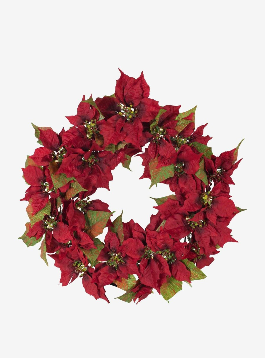 Decor * | Battery-Operated Red Poinsettia Led Wreath Fire Sale