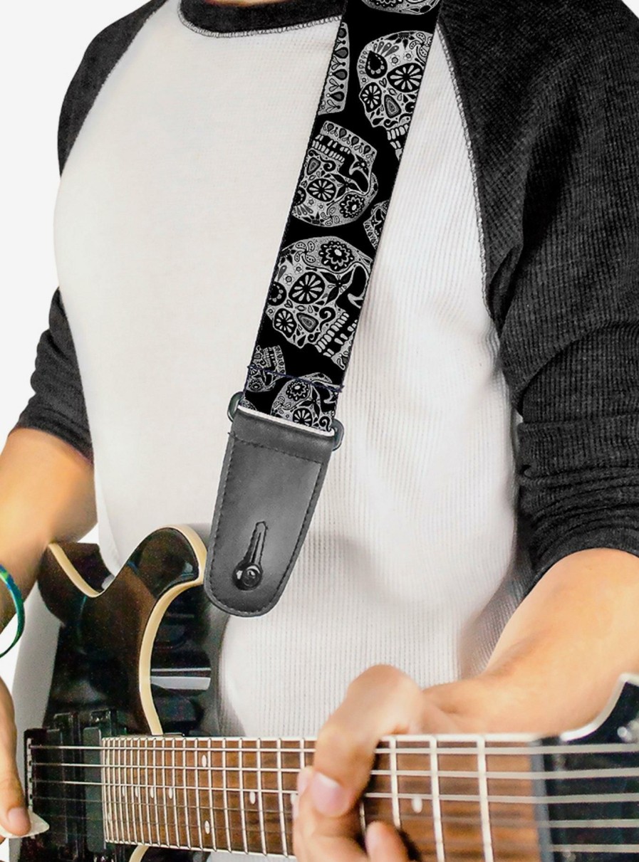 Music * | The Dust Of Living Ii Sugar Skulls Black White Guitar Strap Less Expensive